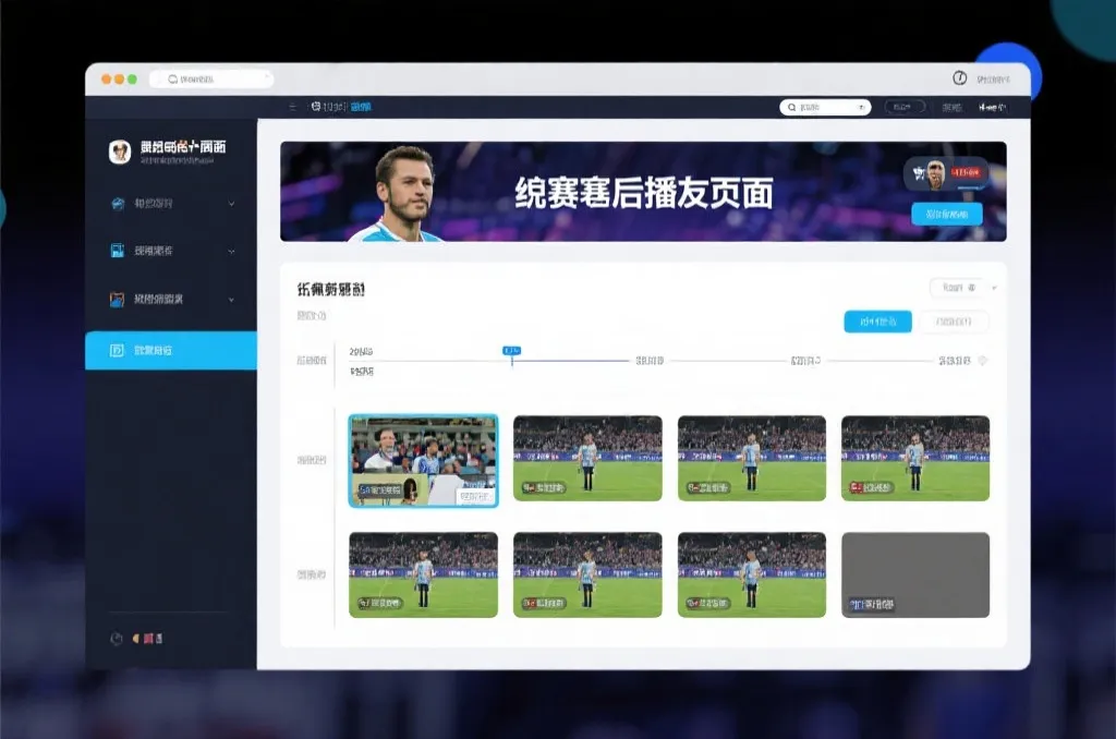 比赛结束后，电视屏幕展示集锦回放页面，旁边有时间轴和多角度切换提示